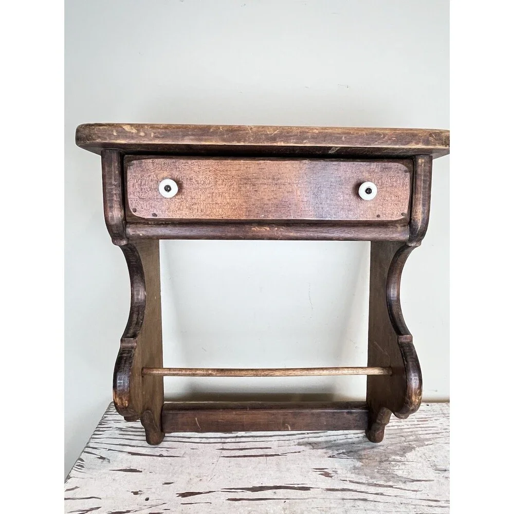 Vintage Rustic Wooden Shelf White Knob Drawer Hand Linen Bar Farmhouse 16”x15”